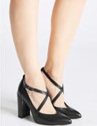 Marks & Spencer Leather Block Heel Cross Strap Court Shoes Black Mix