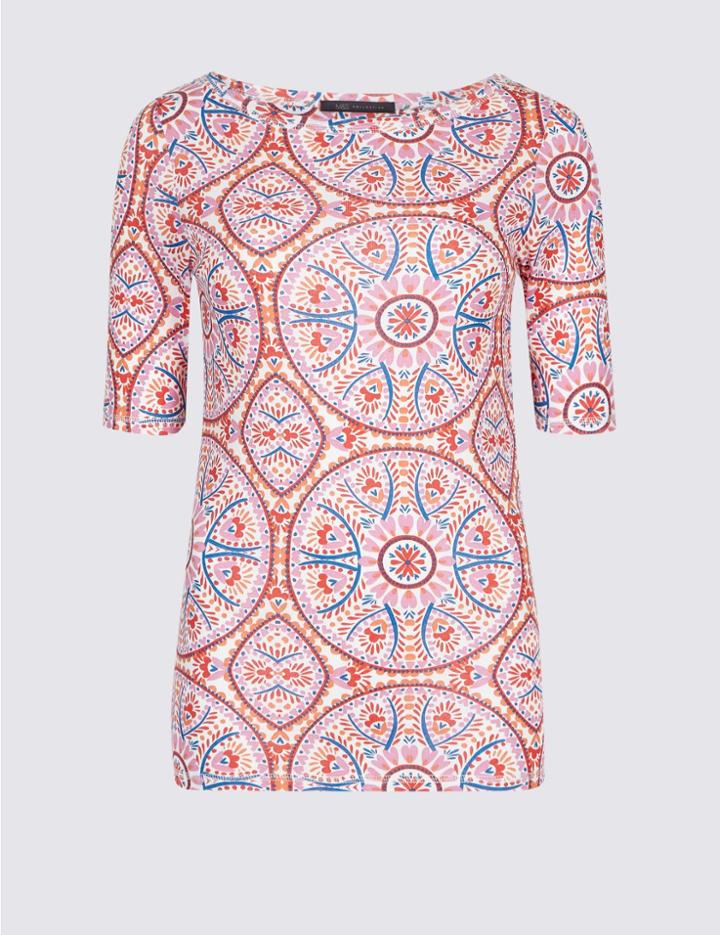 Marks & Spencer Pure Cotton Tile Print Half Sleeve T-shirt Orange Mix