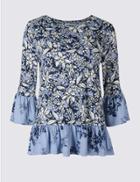 Marks & Spencer Floral Print Ruffle Sleeve T-shirt Navy Mix