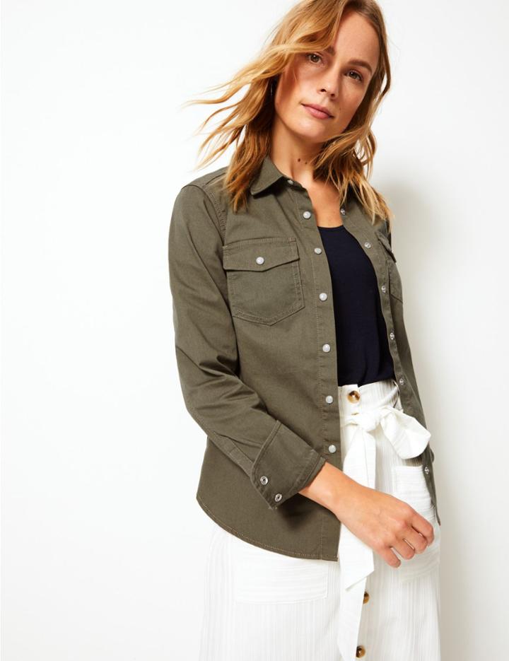 Marks & Spencer Pure Cotton Button Detailed Shirt Khaki
