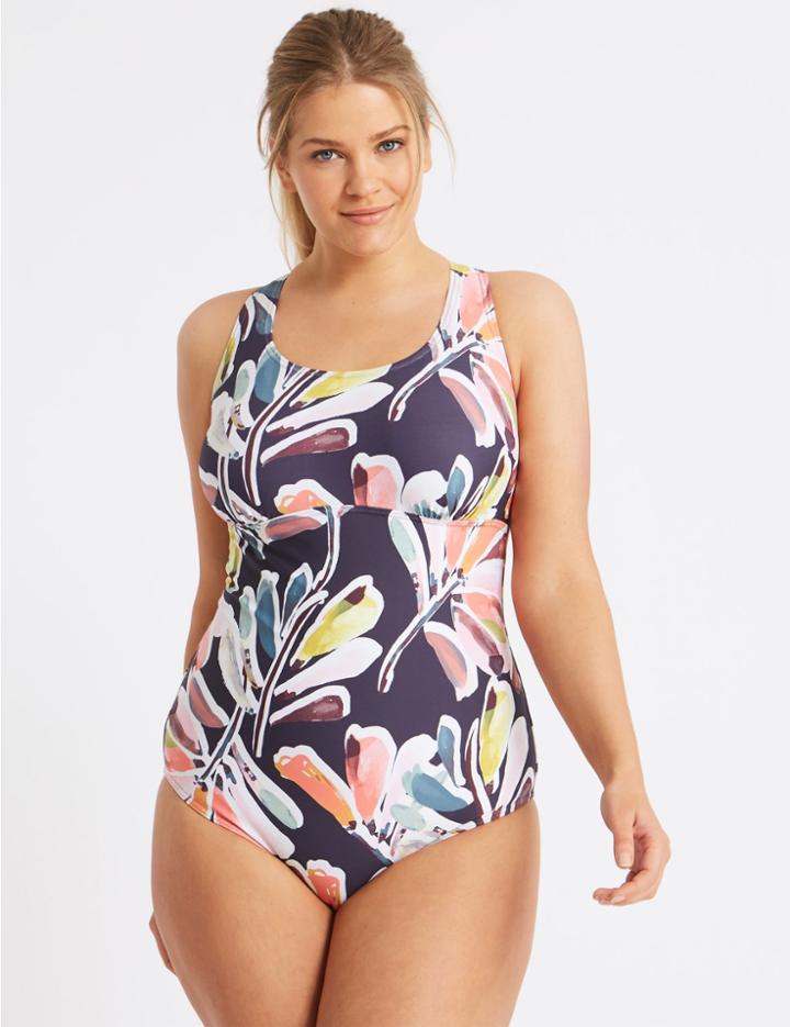Marks & Spencer Plus Secret Slimming&trade; Floral Print Padded Swimsuit Navy Mix