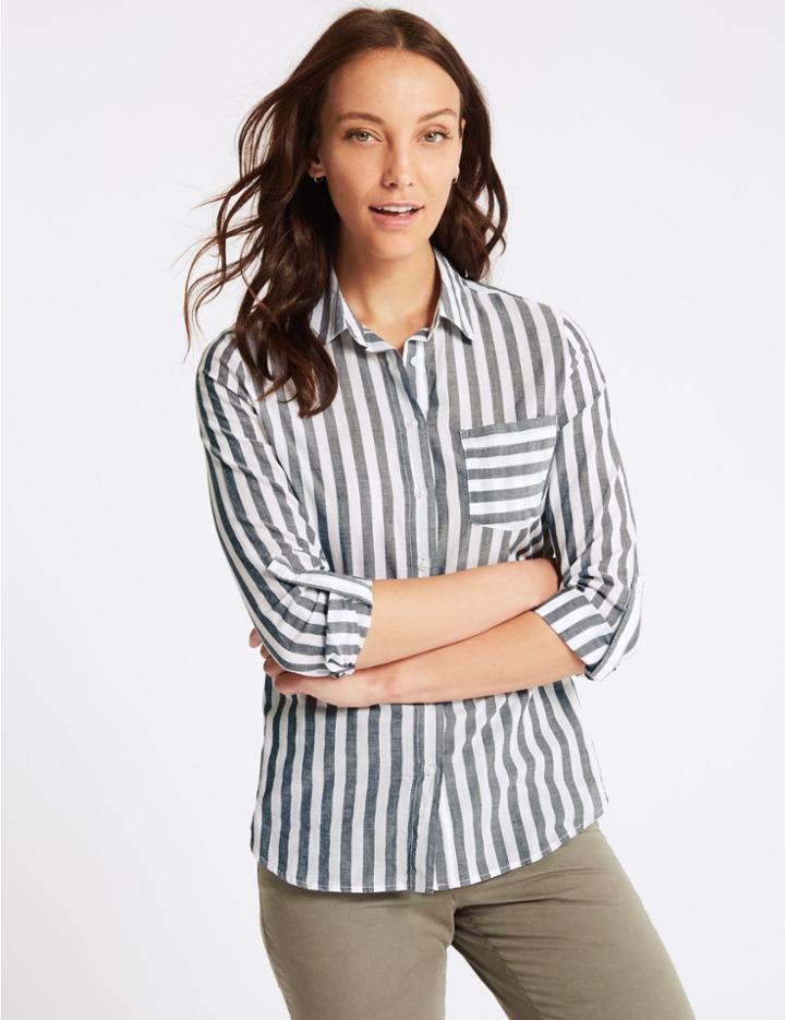 Marks & Spencer Pure Cotton Striped Long Sleeve Shirt Grey Mix