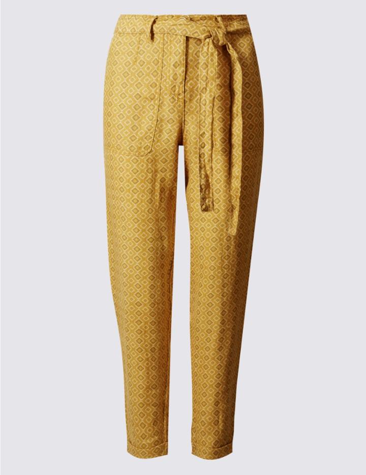 Marks & Spencer Pure Linen Printed Tapered Leg Trousers Yellow Mix