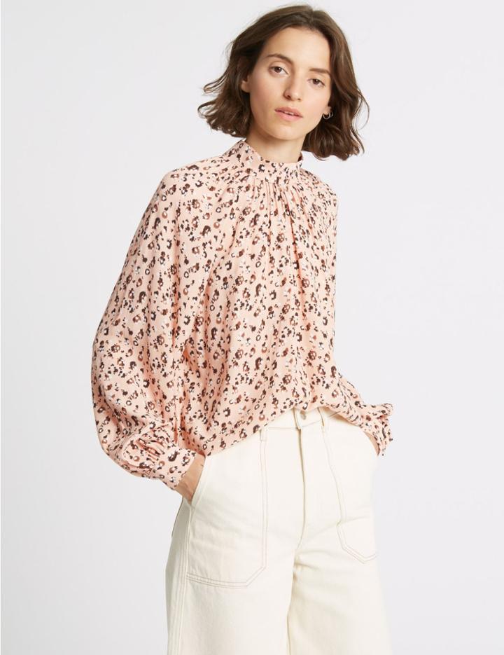 Marks & Spencer Printed Funnel Neck Long Sleeve Blouse Light Pink Mix