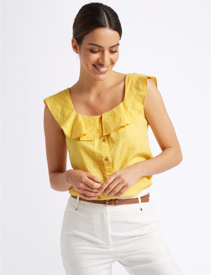 Marks & Spencer Linen Rich Square Neck Blouse Ochre