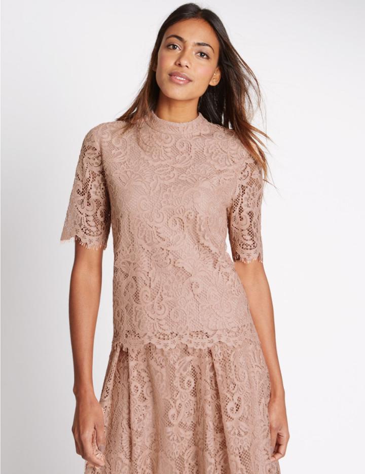 Marks & Spencer Cotton Blend Lace Short Sleeve Shell Top Blush