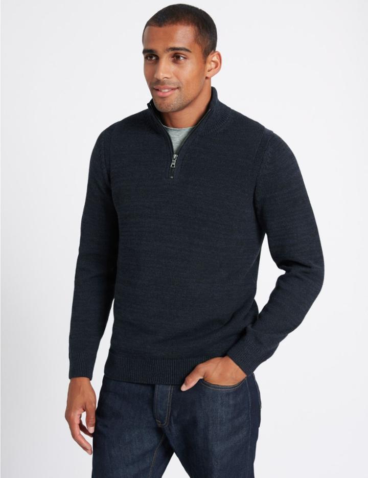 Marks & Spencer Cotton Rich Textured Half Zipped Jumper Navy Mix