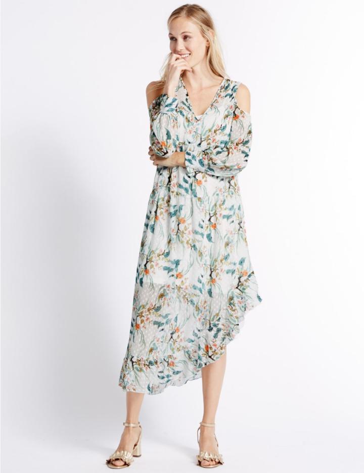 Marks & Spencer Asymmetrical Hem Cold Shoulder Midi Dress Pastel Mix