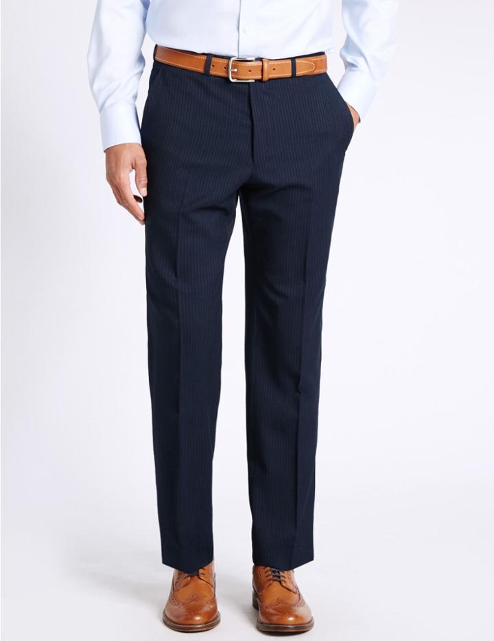 Marks & Spencer Navy Striped Regular Fit Wool Trousers Navy