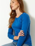 Marks & Spencer Pure Cotton Long Sleeve Regular Fit T-shirt Blue