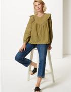 Marks & Spencer Pure Cotton Embroidered Long Sleeve Blouse Light Green