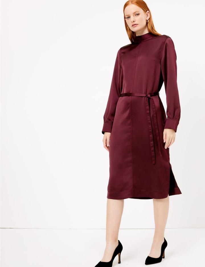 Marks & Spencer High Neck Satin Midi Dress Burgundy
