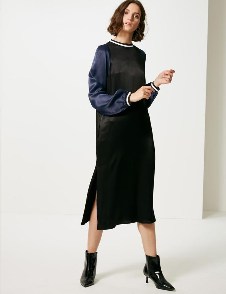 Marks & Spencer Colour Block Long Sleeve Shift Midi Dress Navy Mix