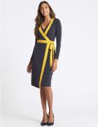 Marks & Spencer Contrast Trim Long Sleeve Wrap Midi Dress Navy Mix
