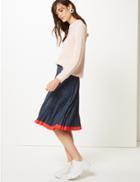 Marks & Spencer Polka Dot Jersey Pleated Midi Skirt Navy Mix