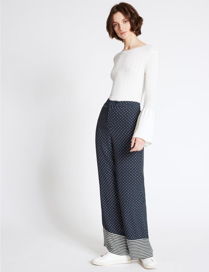 Marks & Spencer Polka Dot Striped Border Wide Leg Trousers Navy Mix