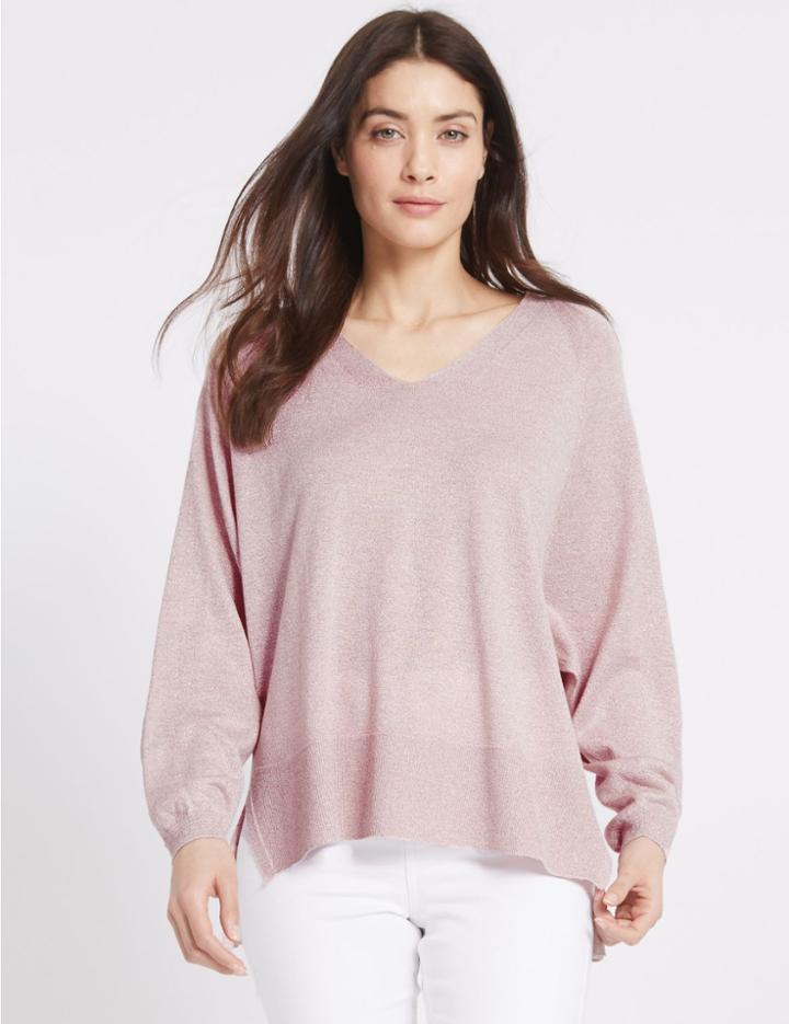 Marks & Spencer V-neck Bobble Sleeve Jumper Soft Pink