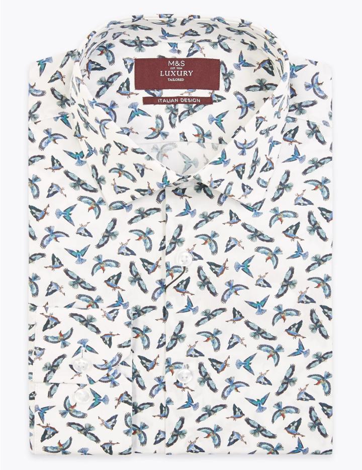 Marks & Spencer Tailored Fit Bird Print Easy To Iron Shirt White Mix