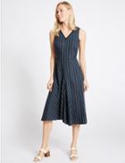 Marks & Spencer Linen Rich Striped Asymmetric Skater Dress Navy Mix