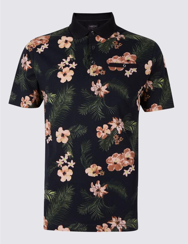 Marks & Spencer Slim Fit Pure Cotton Floral Design Polo Shirt Multi
