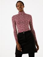 Marks & Spencer Cotton Rich Petal Print Fitted Top Burgundy Mix