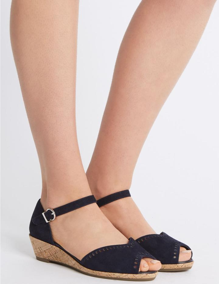 Marks & Spencer Suede Wide Fit 2 Part Wedge Sandals Navy