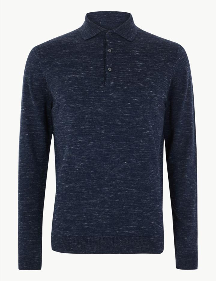 Marks & Spencer Knitted Long Sleeve Polo Shirt Navy Marl
