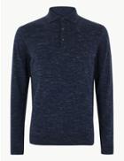 Marks & Spencer Knitted Long Sleeve Polo Shirt Navy Marl