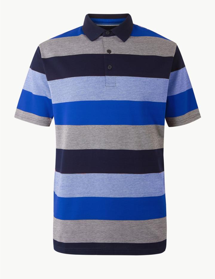 Marks & Spencer Supima&reg; Cotton Striped Polo Shirt Blue Mix