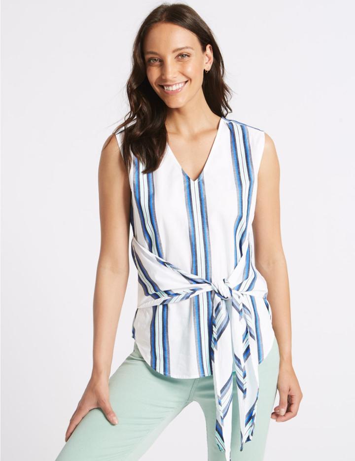 Marks & Spencer Pure Cotton Striped V-neck Blouse White Mix