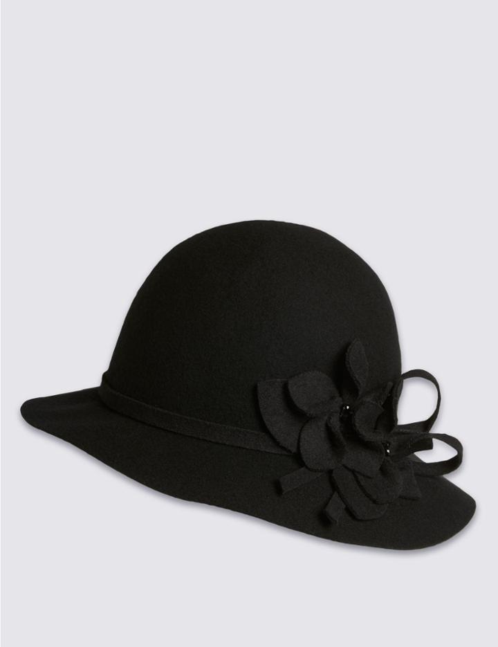Marks & Spencer Pure Wool Floral Cloche Hat Black