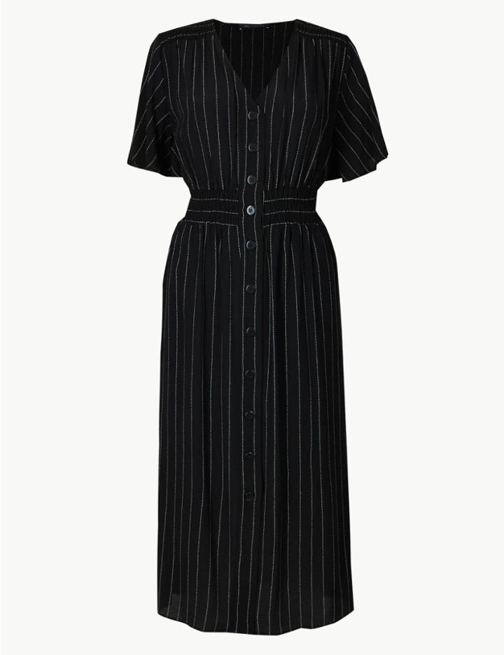 Marks & Spencer Striped Short Sleeve Waisted Midi Dress Black Mix