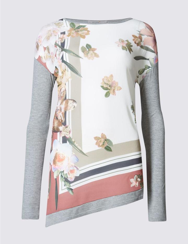 Marks & Spencer Floral Print Slash Neck Jersey Top Ivory Mix