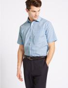 Marks & Spencer Cotton Rich Short Sleeve Regular Fit Shirt Aqua Mix