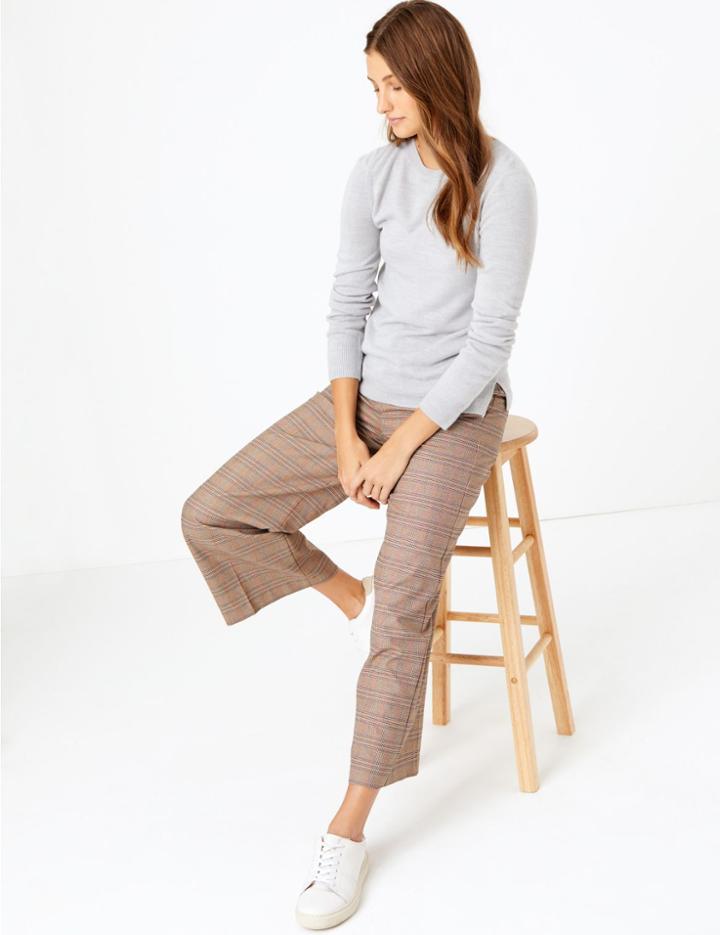 Marks & Spencer Checked Wide Leg 7/8th Trousers Brown Mix