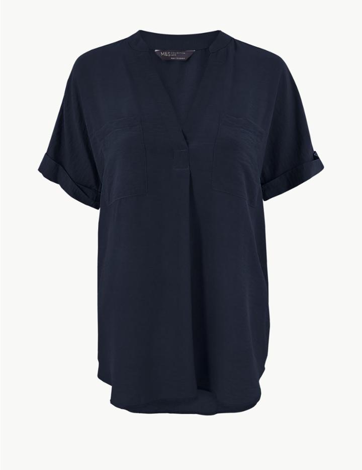 Marks & Spencer Petite V Neck Short Sleeve Blouse Navy