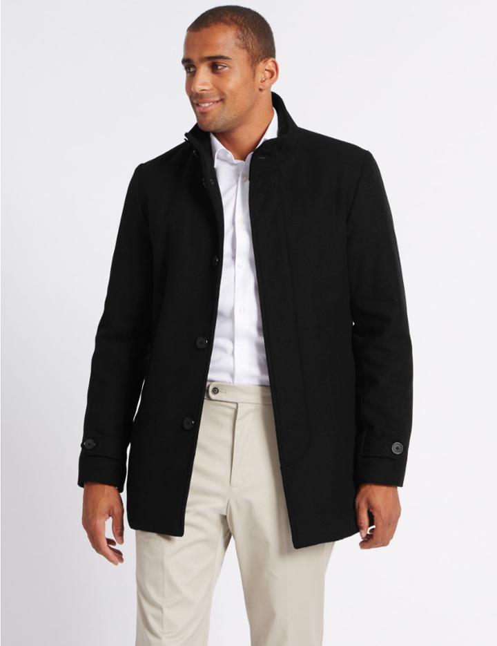 Marks & Spencer Funnel Neck Coat With Wool Black