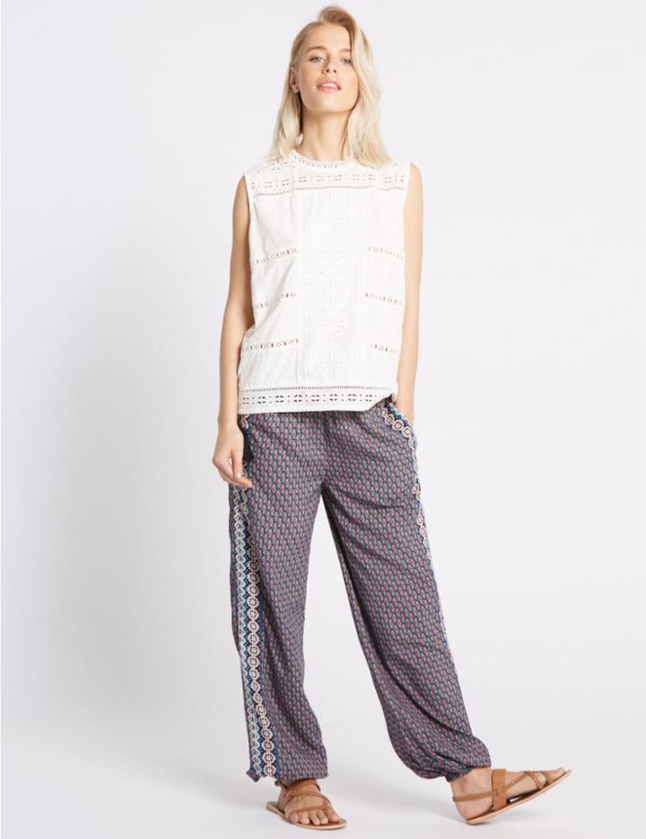 Marks & Spencer Jacquard Print Harem Straight Leg Trousers Navy Mix