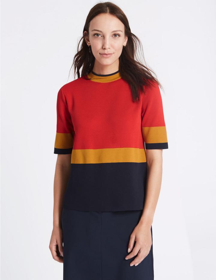 Marks & Spencer Colour Block Turtle Neck Half Sleeve Jumper Orange Mix