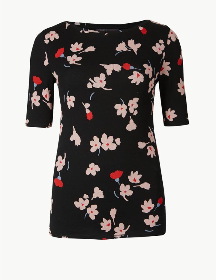 Marks & Spencer Pure Cotton Floral Print Round Neck T-shirt Black Mix