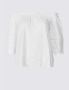 Marks & Spencer Petite Pure Cotton Embroidered Bardot Top White