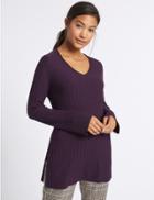 Marks & Spencer Ribbed Side Spilt V-neck Tunic Jumper Dark Purple
