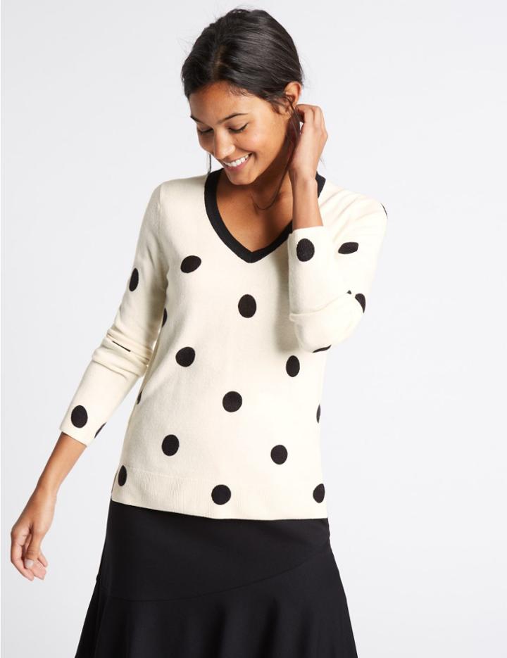 Marks & Spencer Dotted V-neck Jumper Cream
