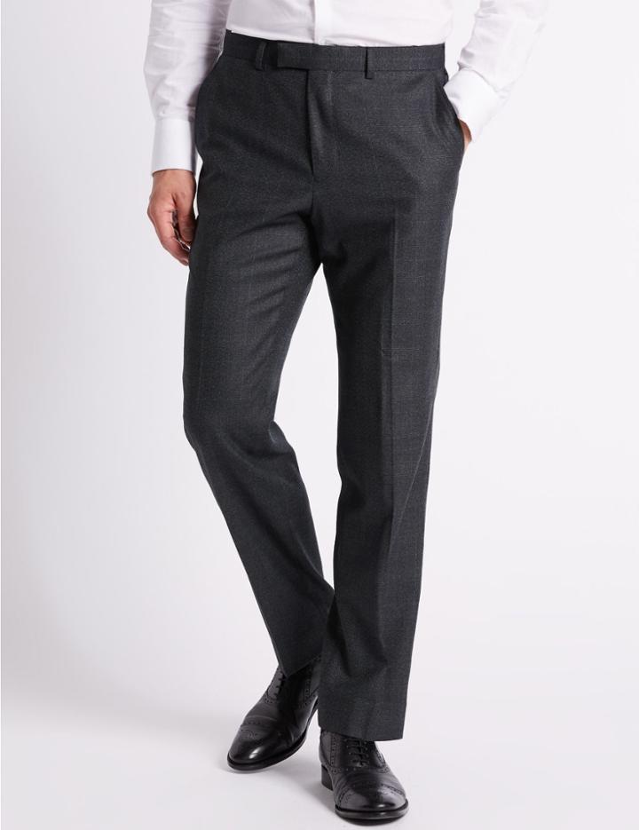 Marks & Spencer Charcoal Checked Regular Fit Wool Trousers Charcoal