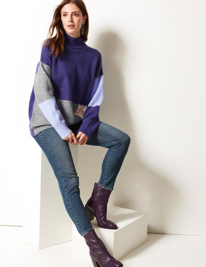 Marks & Spencer Colour Block Funnel Neck Longline Jumper Purple Mix