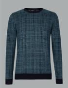 Marks & Spencer Supima&reg; Cotton Checked Crew Neck Jumper Grey Mix