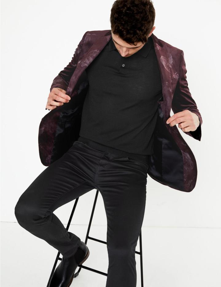 Marks & Spencer Slim Fit Velvet Floral Print Jacket Purple