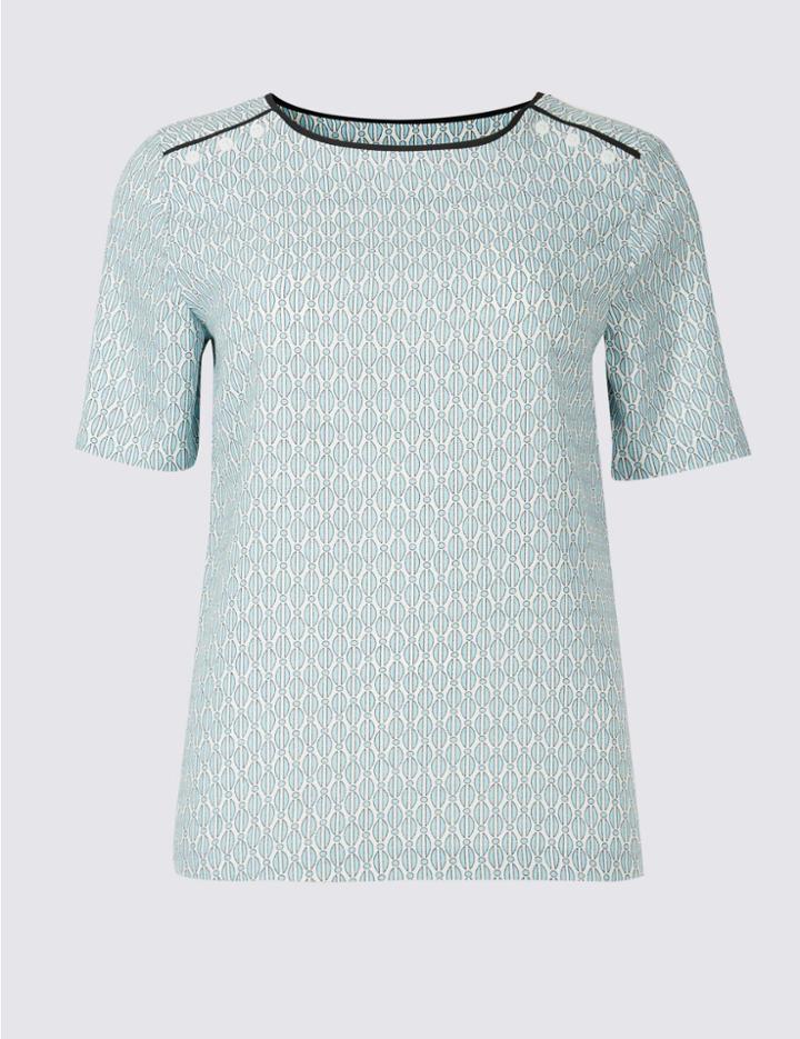 Marks & Spencer Geometric Print Shoulder Button Shell Top Blue Mix