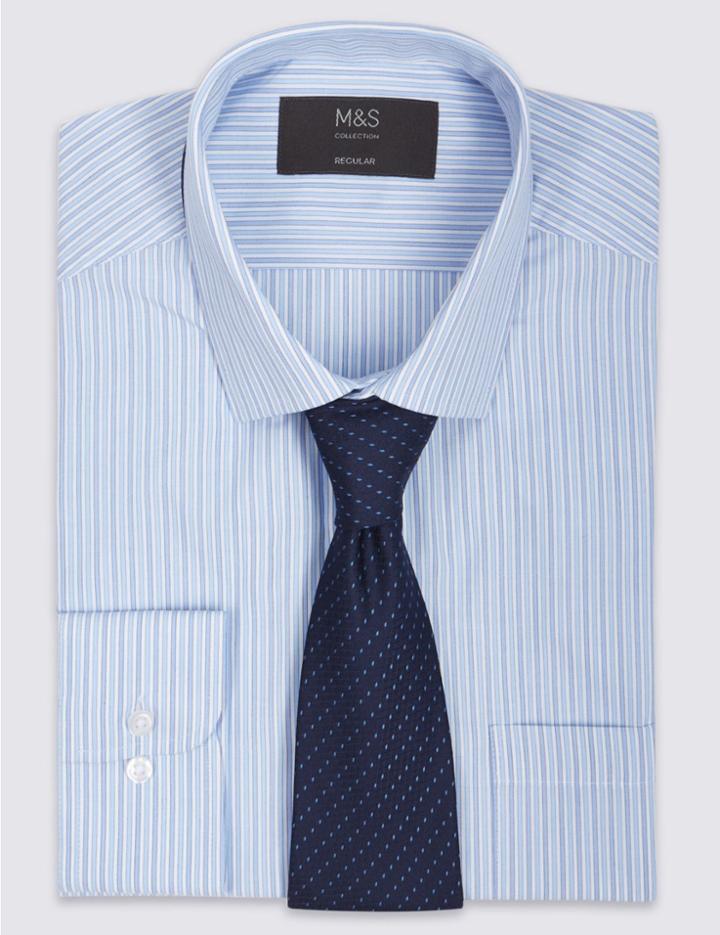 Marks & Spencer Easy To Iron Regular Fit Shirt With Tie Blue Mix