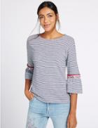 Marks & Spencer Pure Cotton Striped Flared Sleeve T-shirt Blue Mix